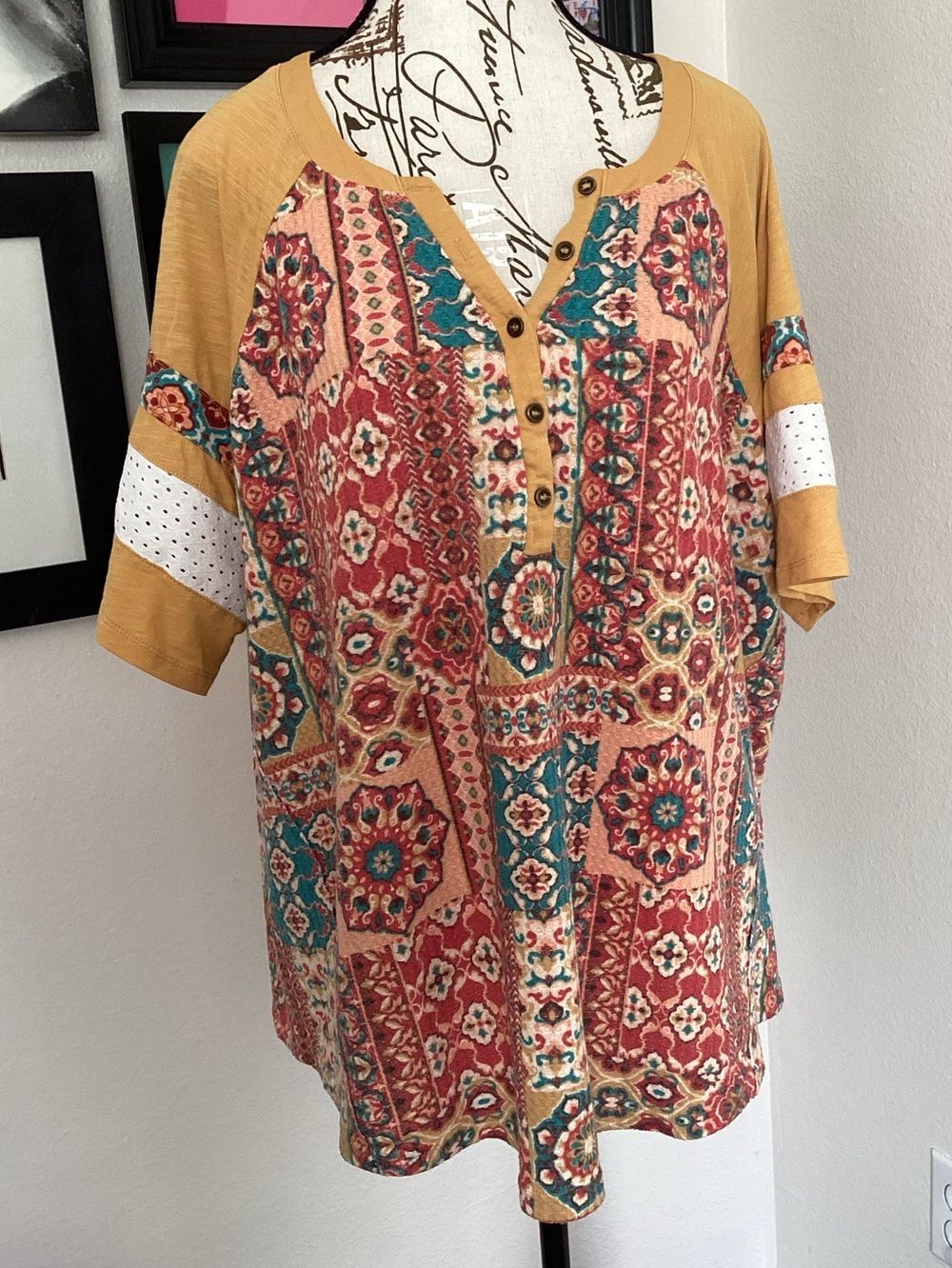 Cato Patchwork Henley Tunic in Mustard and Teal